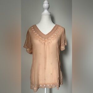 SUNDANCE Dusty Pink Sheer Embroidered Beaded Boho Flutter Sleeve Top Size S
